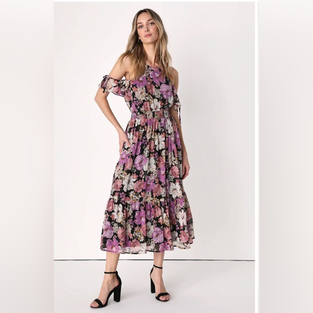 Blooming Aspiration Black Multi Floral Cold-Shoulder Midi Dress Lulus
